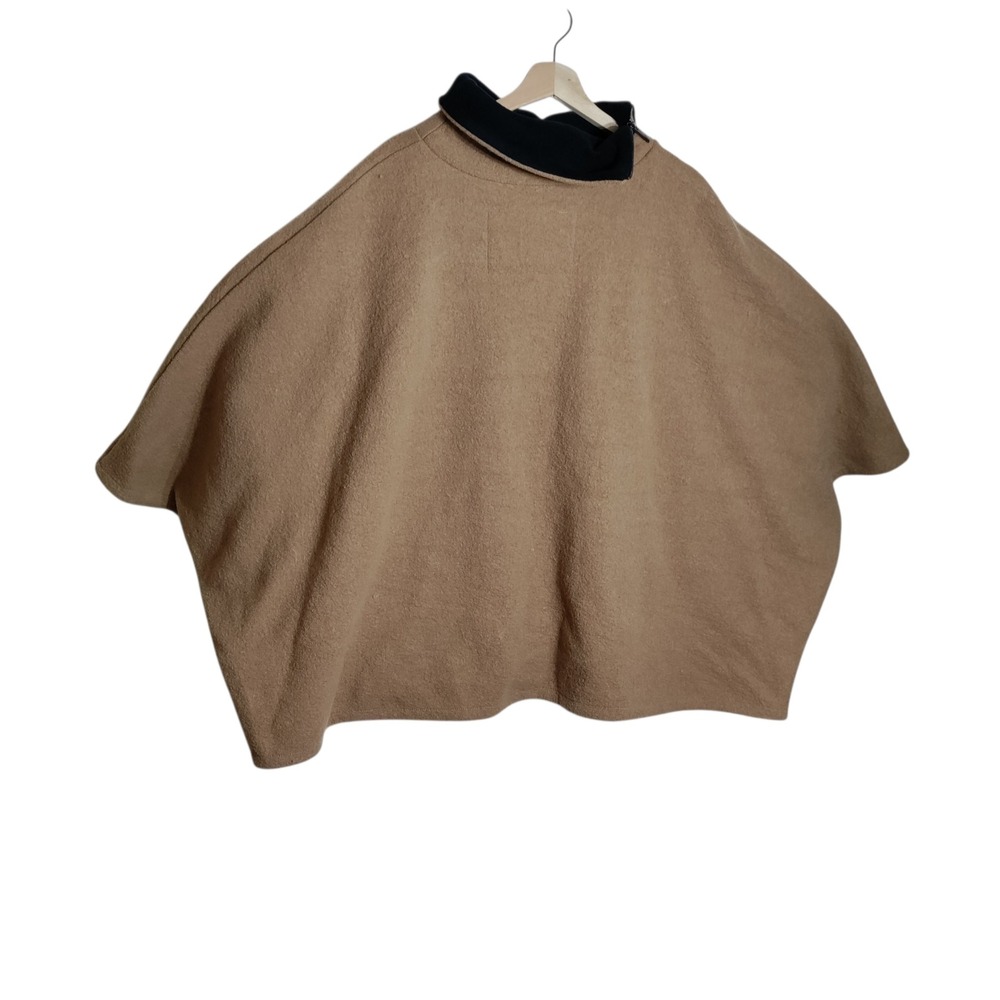 Marcella NYC Virgin Wool Poncho Camel Tan Black Zip Neck Cape One Size Bulgarian